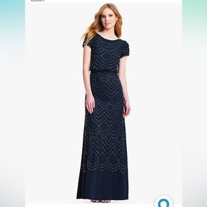 Adrianna Papell Navy Gold Beaded Gown